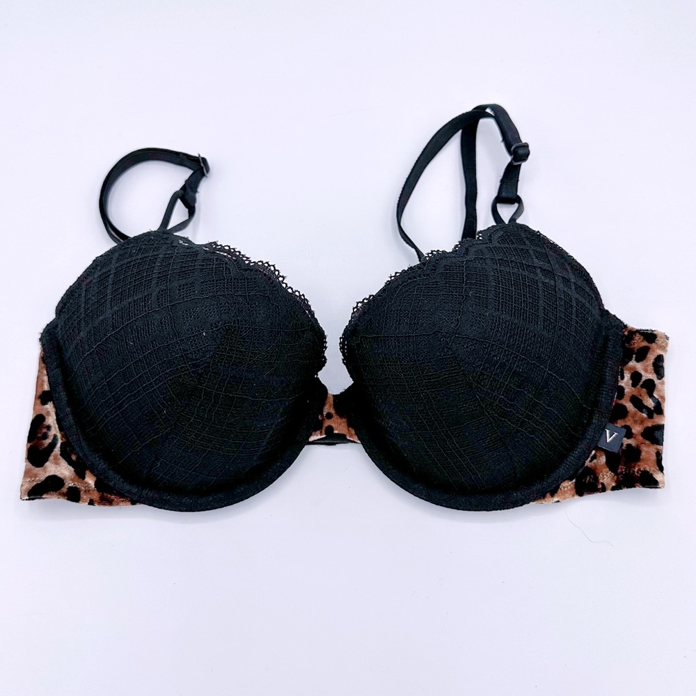 Victoria's Secret Black Plaid & Velvet Leopard Print Lined Demi Bra